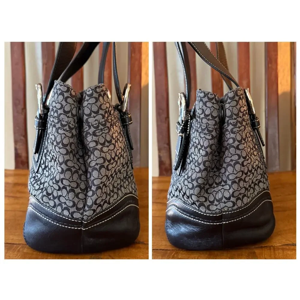Coach Micro C Signature Jacquard Tote Bag Black Gray Leather Trim F19664